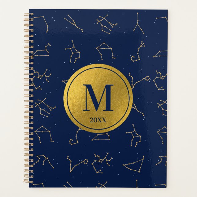 Gold & Navy Blue Zodiac Constellations Monogram Planner (Front)
