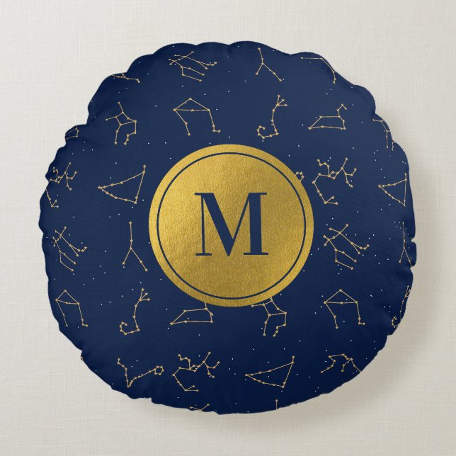 Gold & Navy Blue Zodiac Constellations Monogram Round Cushion (Front)