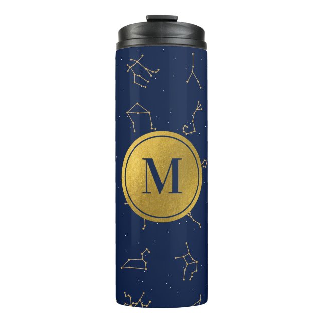 Gold & Navy Blue Zodiac Constellations Monogram Thermal Tumbler (Front)