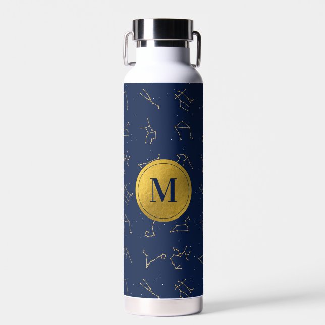 Gold & Navy Blue Zodiac Constellations Monogram Water Bottle (Front)