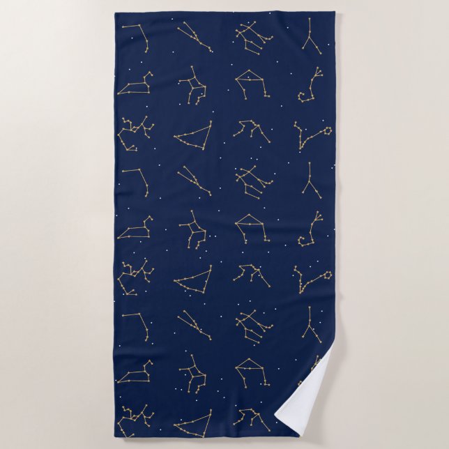 Gold & Navy Blue Zodiac Constellations Pattern Beach Towel (Front)