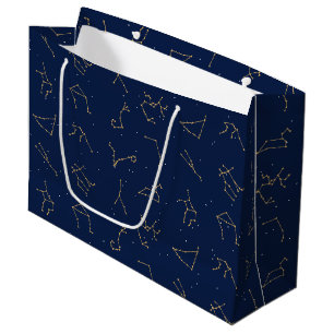 Gold & Navy Blue Zodiac Constellations Pattern Large Gift Bag