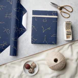 Gold & Navy Blue Zodiac Constellations Pattern Wrapping Paper