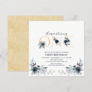 Gold & Navy Boho Floral 1st Birthday Square Invitation