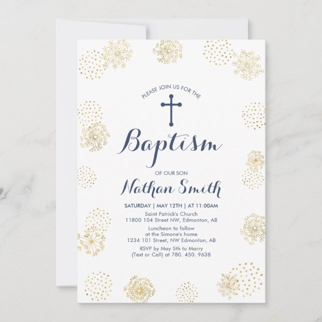 Gold & Navy | Boy Baptism / Christening Invitation (Front)