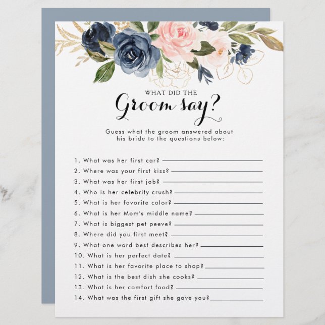 Gold Navy Bridal Shower What did the Groom Say (Front/Back)