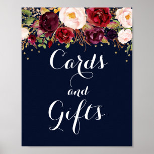 Gold Navy Burgundy Floral Cards And Gifts Wedding Poster