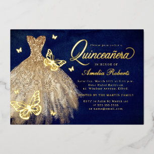 Gold Navy Butterfly Dress Quinceanera  Foil Invita