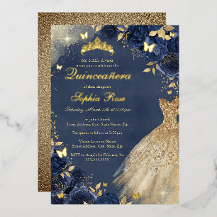 Gold Navy Butterfly Floral Dress Quinceanera