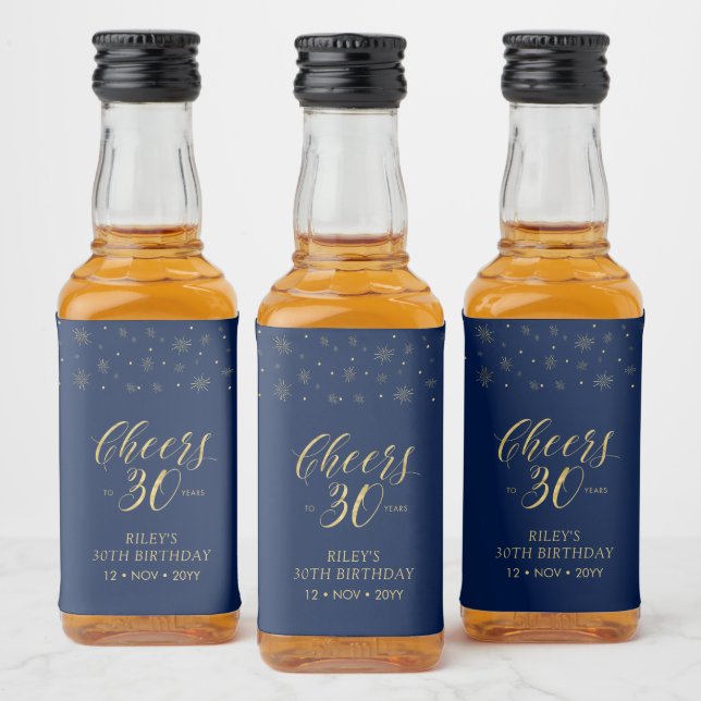 Gold & Navy Cheers 30 years, 30th Birthday Party L Liquor Bottle Label (Bottles)
