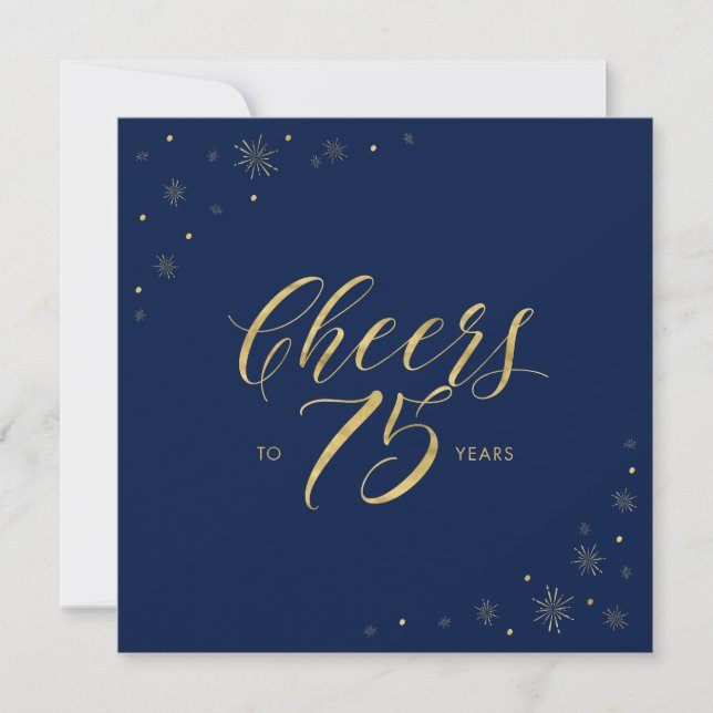 Gold & Navy | Cheers 75th Birthday Party Square Invitation (Front)