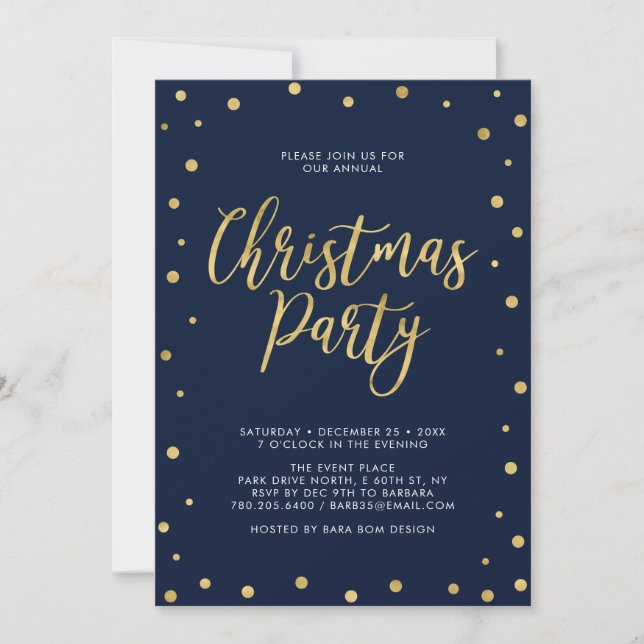 Gold & Navy Chic Confetti Christmas Holiday Party Invitation (Front)