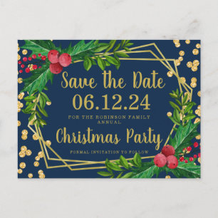 Gold Navy Christmas Save Date Holly Glitter Announcement Postcard