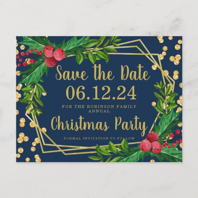 Gold Navy Christmas Save Date Holly Glitter Announcement Postcard (Front)
