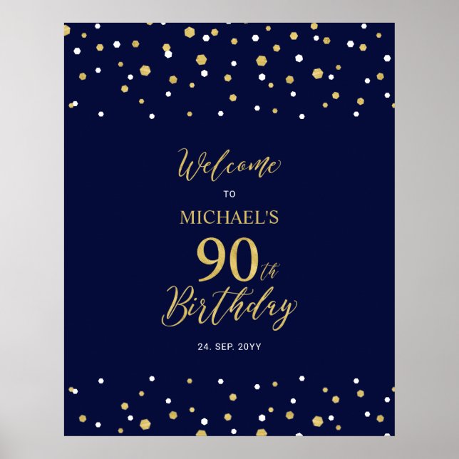 Gold & Navy Confetti 90th Birthday Party Welcome Poster (Front)