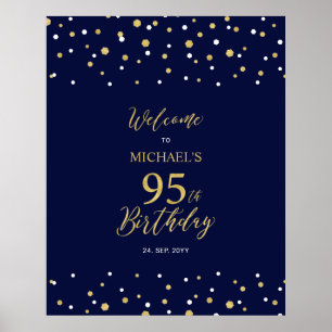 Gold & Navy Confetti 95th Birthday Party Welcome Poster