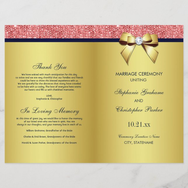 Gold Navy Coral Sequins Bow Wedding Program (Front)
