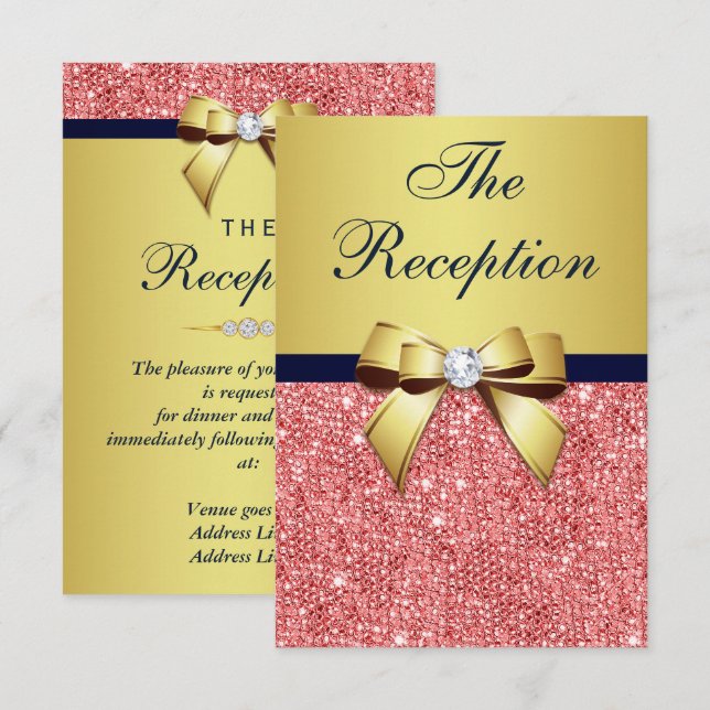 Gold Navy Coral Sequins Bow Wedding Reception Invitation (Front/Back)