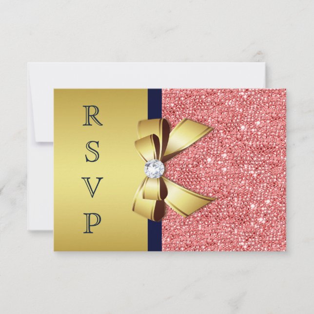 Gold Navy Coral Sequins Diamonds Bow RSVP Card (Front)