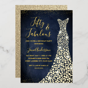 Gold Navy Dress 50 & Fabulous Birthday Foil Invita
