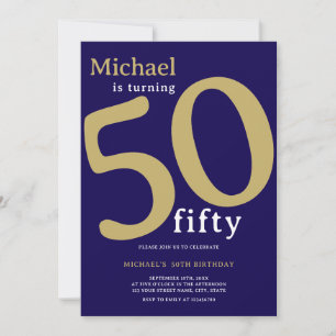 Gold Navy Elegant Modern Man 50 Birthday Invitation