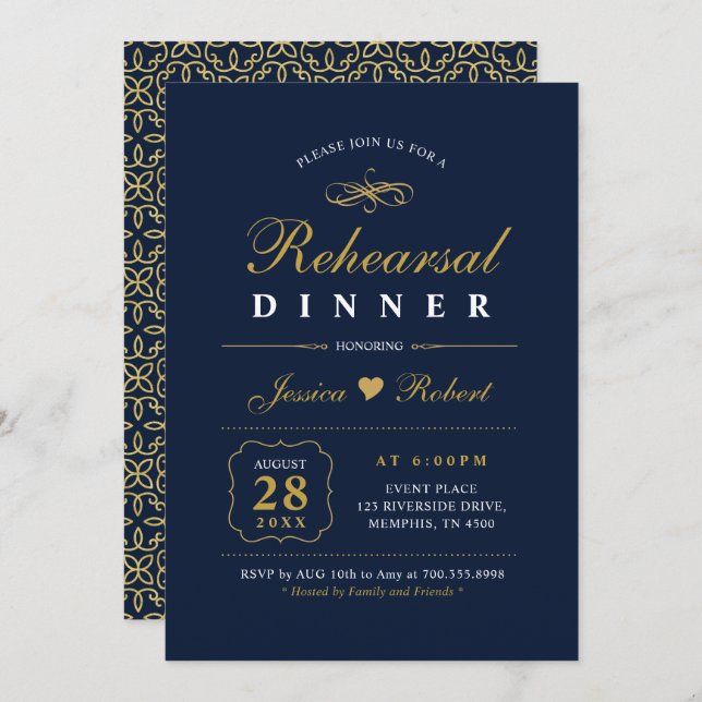 Gold & Navy | Elegant Rehearsal Dinner Invitation (Front/Back)