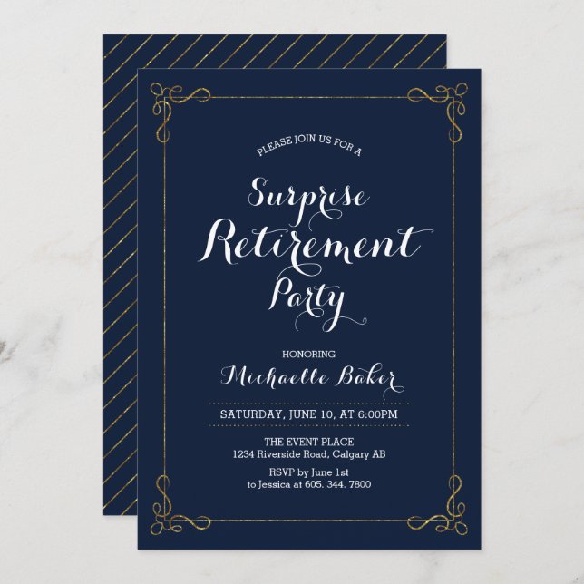 Gold & Navy | Elegant Surprise Retirement Party Invitation (Front/Back)