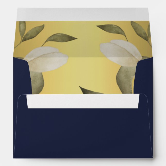 Gold navy elegant watercolor foliage wedding envelope (Back (Bottom))