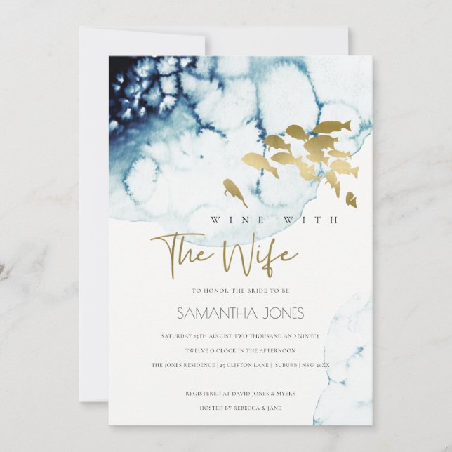 GOLD NAVY FISH WINE WITH WIFE BRIDAL SHOWER INVITE (Front)