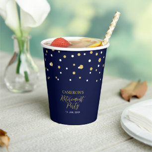 Gold & Navy Geometric Confetti Retirement Party Paper Cups