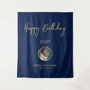 Gold & Navy Happy Birthday Photo Party Backdrop Tapestry