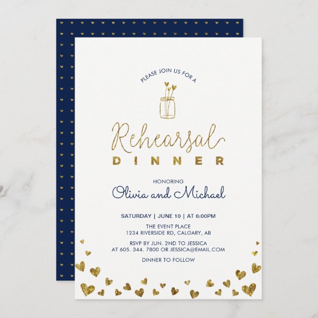 Gold & Navy | Hearts Rehearsal Dinner Invitation (Front/Back)
