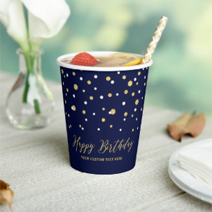 Gold & Navy Hexagon Confetti Adult Birthday Party Paper Cups