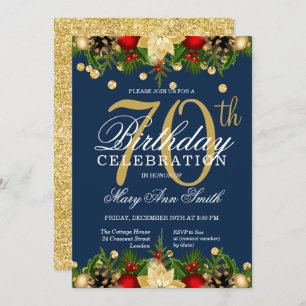 Gold & Navy Holiday Glitter 70th Birthday Party Invitation