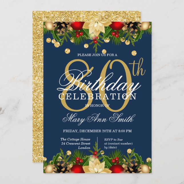Gold & Navy Holiday Glitter 80th Birthday Party Invitation (Front/Back)
