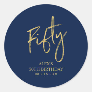 Gold & Navy Lettering Fifty 50th Birthday Favour Classic Round Sticker