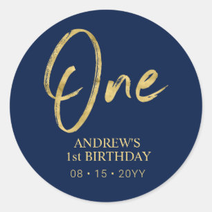 Gold & Navy Lettering One First Birthday Favour Classic Round Sticker