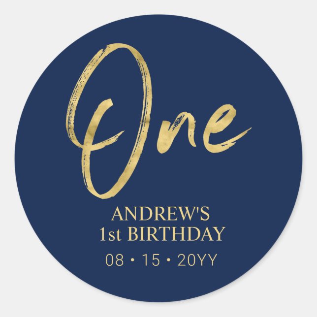 Gold & Navy Lettering One First Birthday Favour Classic Round Sticker (Front)
