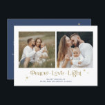 Gold Navy Menorah Peace Love Light Hanukkah Card<br><div class="desc">This Hanukkah card features a unique serif font "peace love light" quote with editable colours,  two square photos,  and elegant golden stars. Easily edit *most* text and change the colours to best suite your needs.</div>