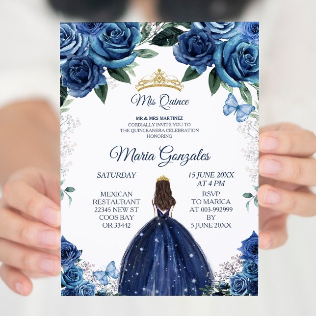 Gold & Navy Mexican Girl Princess Quinceanera Invitation (Creator Uploaded)