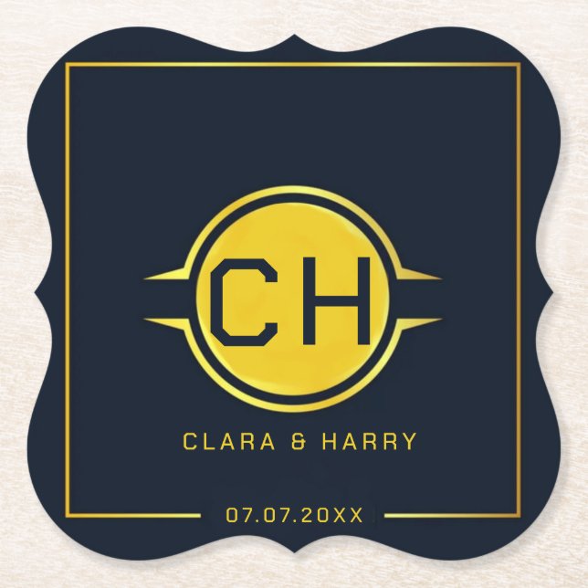Gold navy minimalist elegant modern text weeding paper coaster (Front)