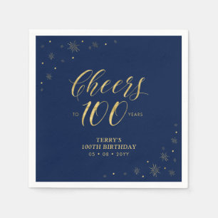 Gold & Navy   Modern Cheers 100th Birthday Party Napkin