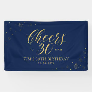 Gold & Navy Modern Cheers 30th Birthday Party Banner