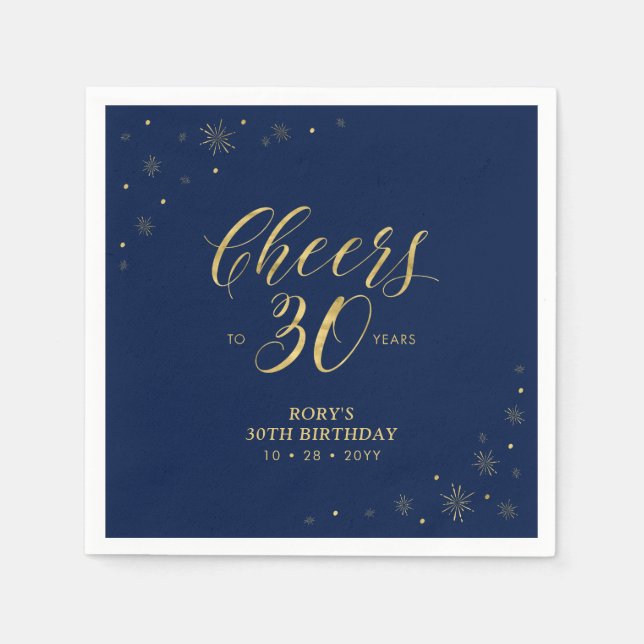 Gold & Navy | Modern Cheers 30th Birthday Party Napkin (Front)