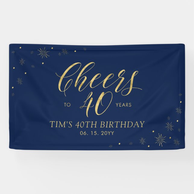 Gold & Navy Modern Cheers 40th Birthday Party Banner (Horizontal)