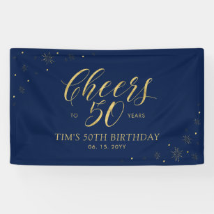 Gold & Navy Modern Cheers 50th Birthday Party Banner
