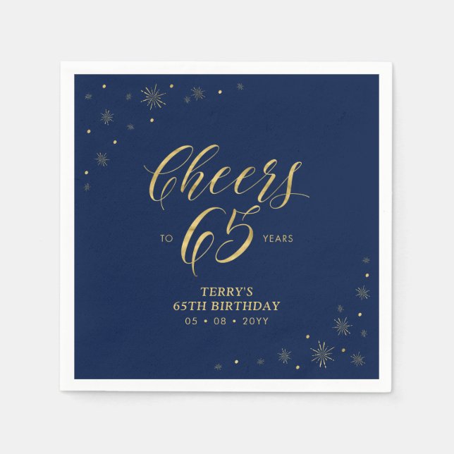 Gold & Navy | Modern Cheers 65th Birthday Party Napkin (Front)