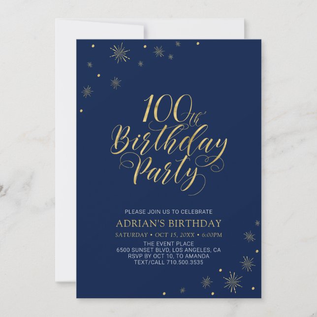 Gold & Navy | Modern Chic 100th Birthday Party Invitation (Front)