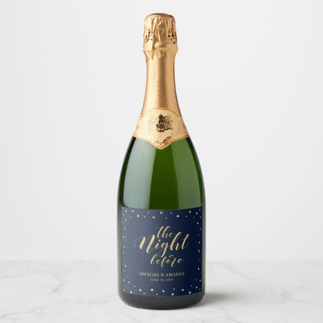 Gold & Navy Modern Confetti Rehearsal Dinner Sparkling Wine Label (Front)