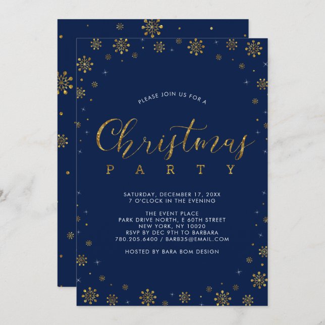 Gold & Navy | Modern Snowflake Christmas Party Invitation (Front/Back)